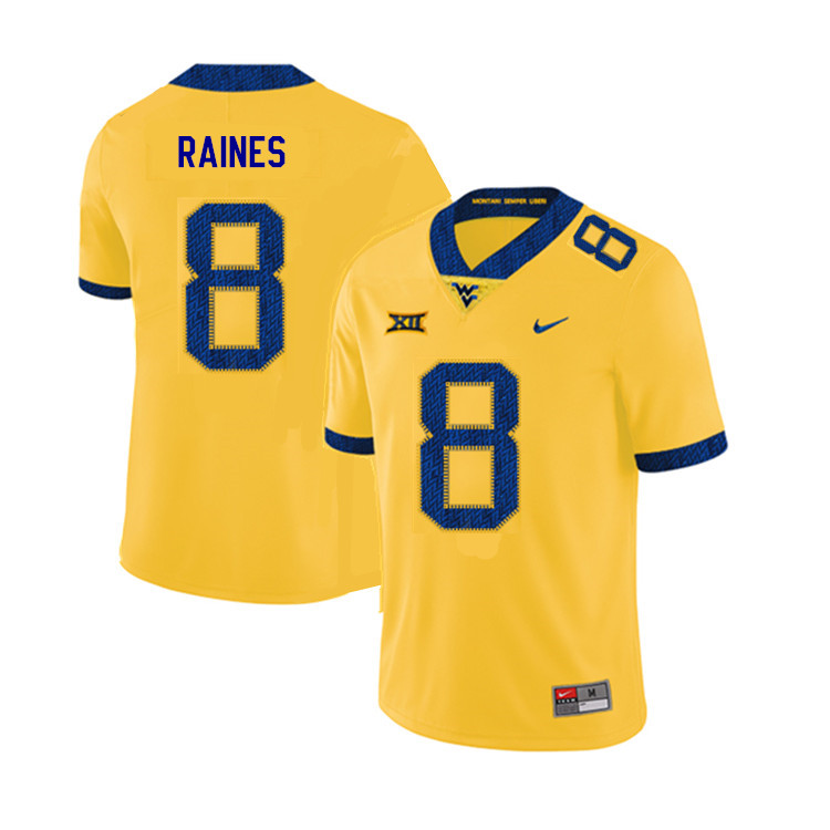 2019 Men #8 Kwantel Raines West Virginia Mountaineers College Football Jerseys Sale-Yellow - Click Image to Close
